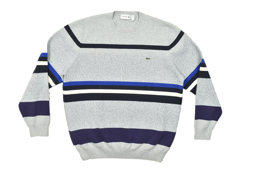 Lacoste Sweater Mens US XXL Grey Blue Striped Crew Neck Cotton Wool Blend AH9036